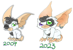 Comparison old and recent artwork of my fancharacter Noir the Mogwai